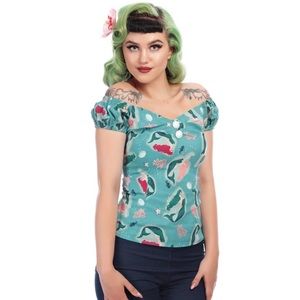 COLLECTIF VINTAGE DOLORES TOP AQUA PINK MERMAID PRINT SZ XS